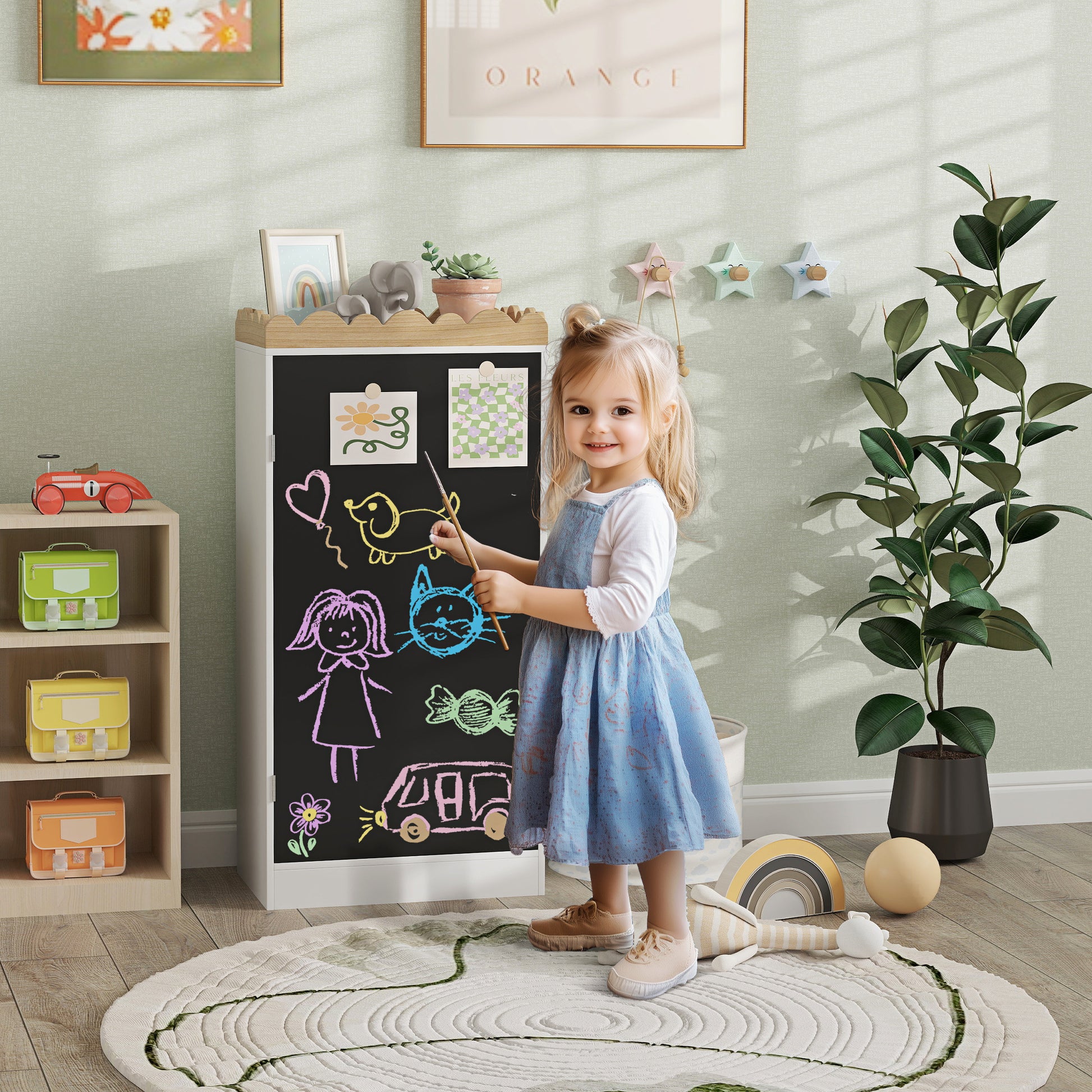Kids Storage Cabinet, Children's Toy Storage, Wardrobe with Blackboard Door, 3 Compartments, and Top Shelf for Bedroom, Playroom, Nursery, White