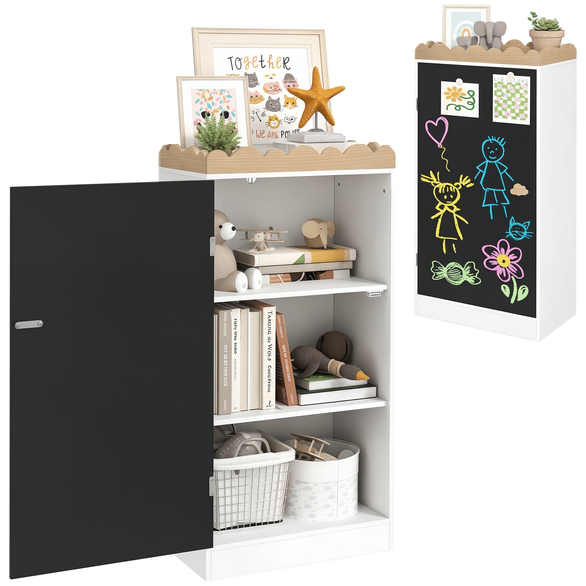 Kids Storage Cabinet, Children's Toy Storage, Wardrobe with Blackboard Door, 3 Compartments, and Top Shelf for Bedroom, Playroom, Nursery, White