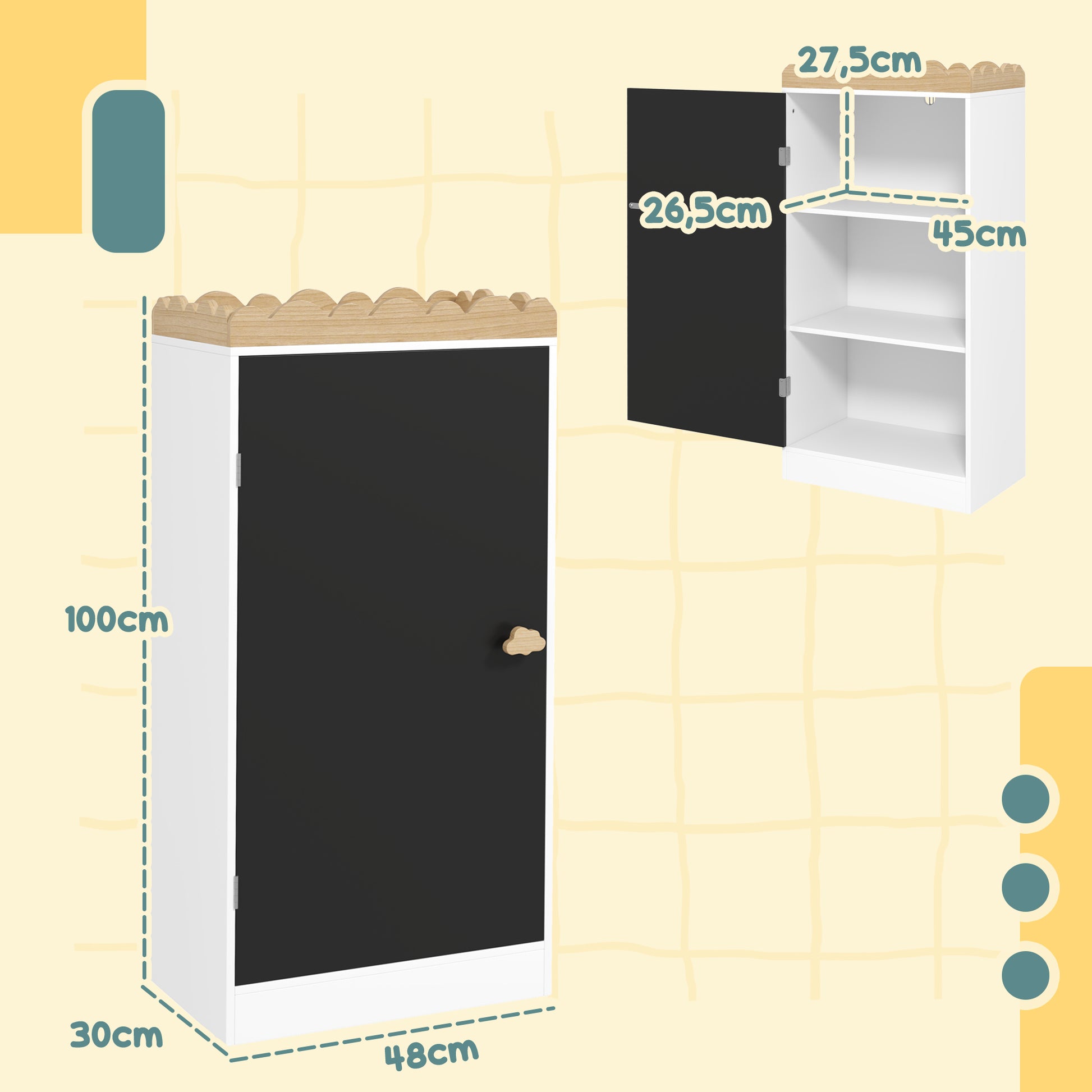 Kids Storage Cabinet, Children's Toy Storage, Wardrobe with Blackboard Door, 3 Compartments, and Top Shelf for Bedroom, Playroom, Nursery, White