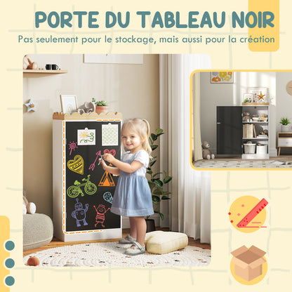 Kids Storage Cabinet, Children's Toy Storage, Wardrobe with Blackboard Door, 3 Compartments, and Top Shelf for Bedroom, Playroom, Nursery, White