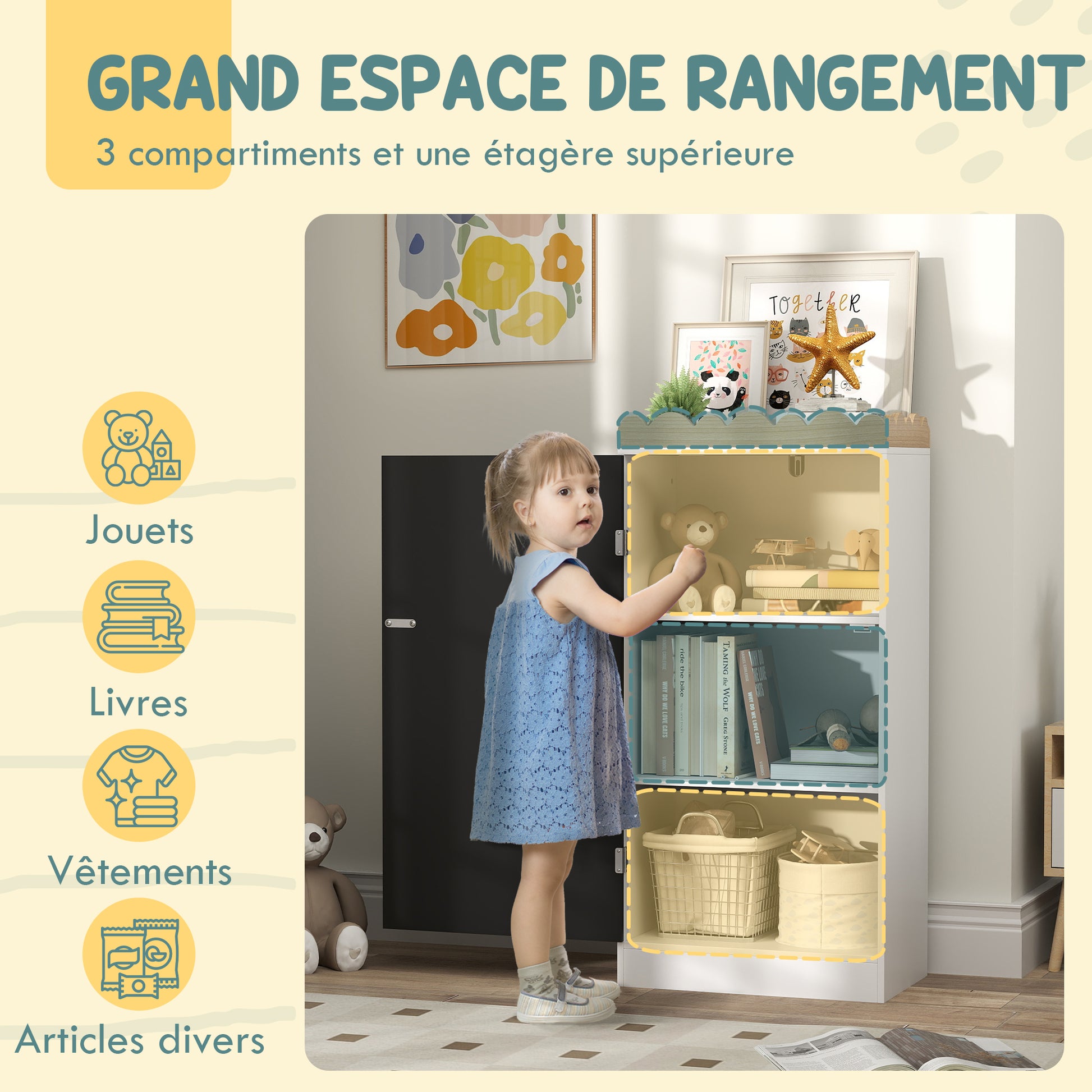 Kids Storage Cabinet, Children's Toy Storage, Wardrobe with Blackboard Door, 3 Compartments, and Top Shelf for Bedroom, Playroom, Nursery, White