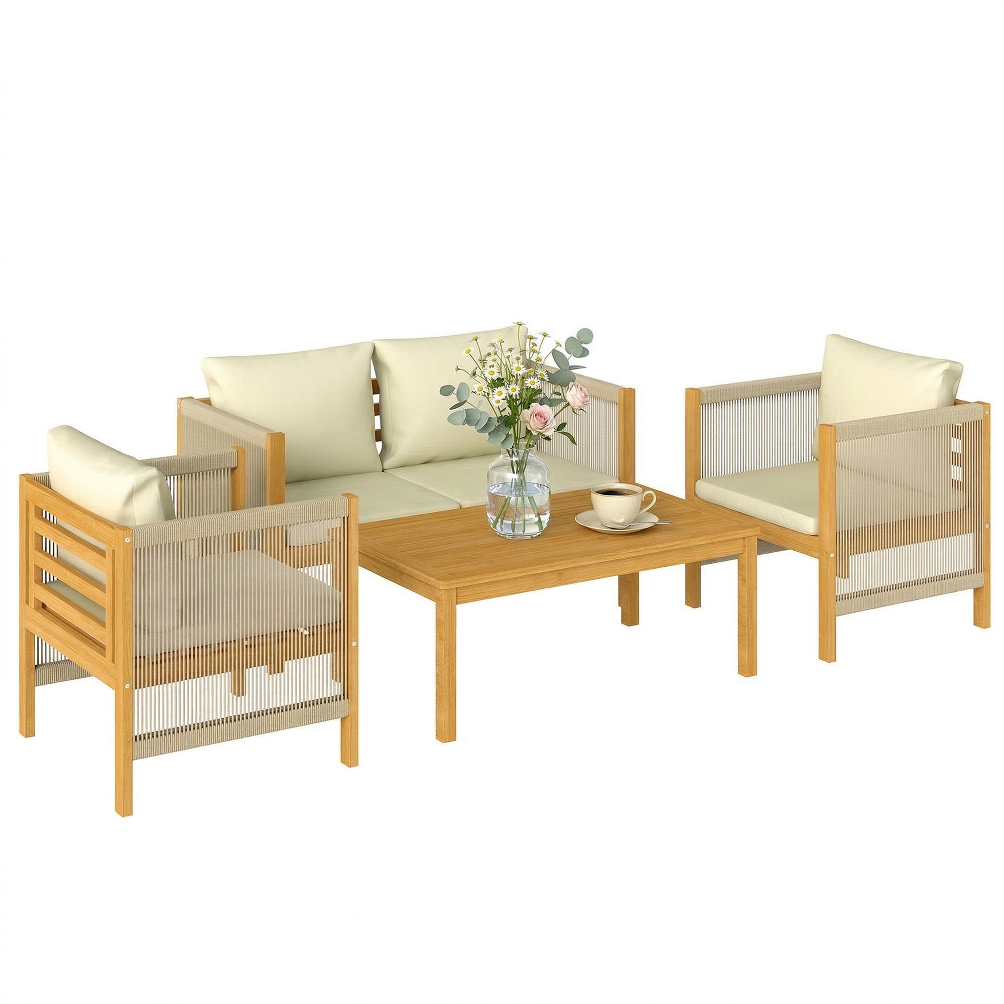 4-Piece Acacia Wood Outdoor Patio Set for 4 — 2-Seater Sofa, 2 Armchairs & Coffee Table, Rope-Weave Slat Design, Washable Cushions, Beige