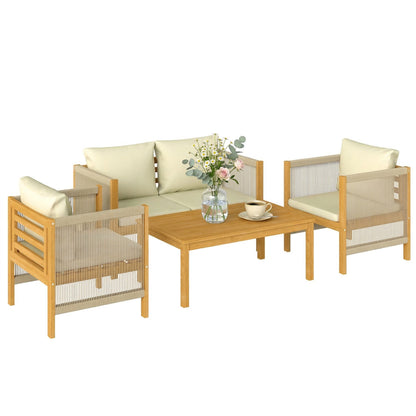 4-Piece Acacia Wood Outdoor Patio Set for 4 — 2-Seater Sofa, 2 Armchairs & Coffee Table, Rope-Weave Slat Design, Washable Cushions, Beige
