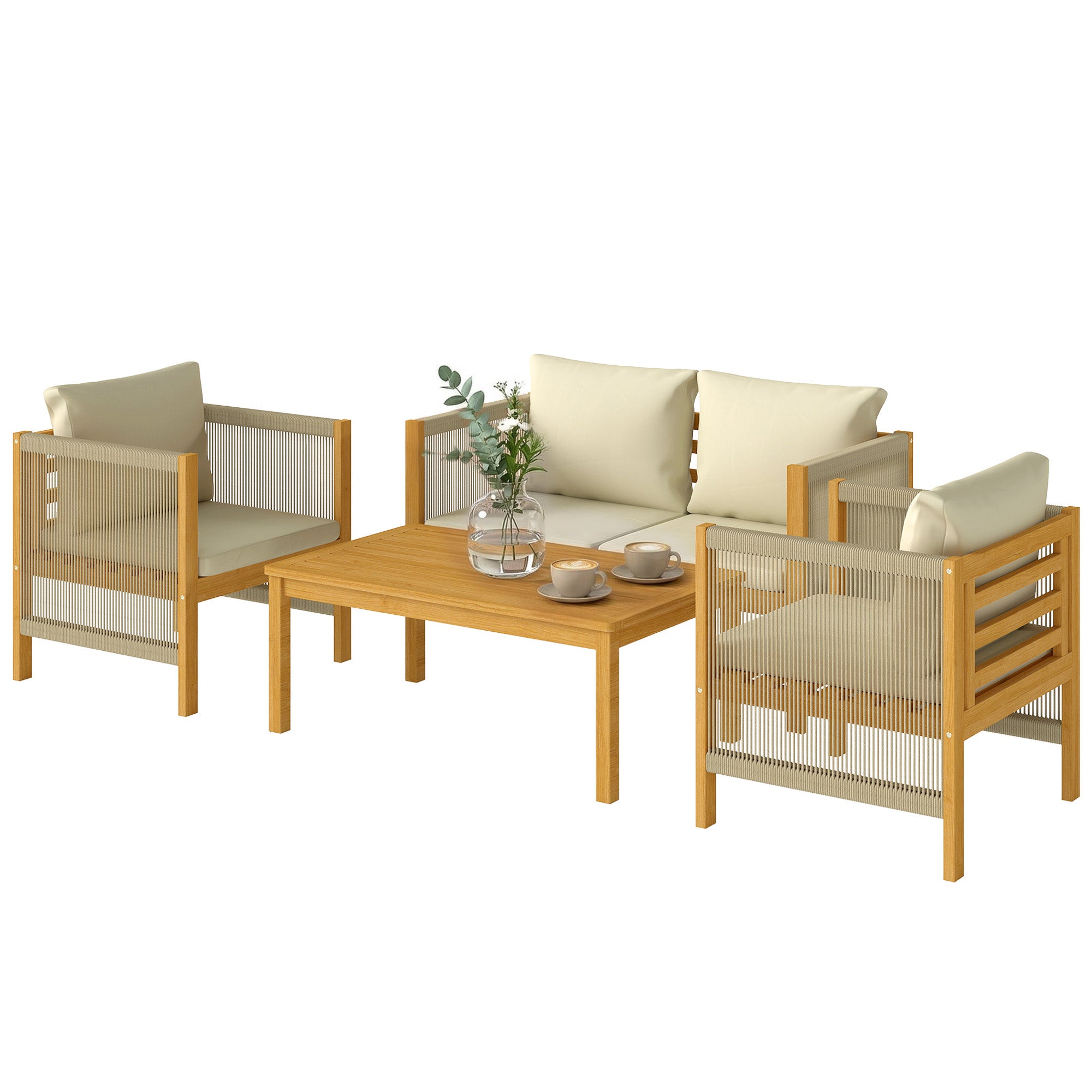 4-Piece Acacia Wood Outdoor Patio Set for 4 — 2-Seater Sofa, 2 Armchairs & Coffee Table, Rope-Weave Slat Design, Washable Cushions, Beige