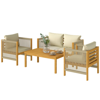 4-Piece Acacia Wood Outdoor Patio Set for 4 — 2-Seater Sofa, 2 Armchairs & Coffee Table, Rope-Weave Slat Design, Washable Cushions, Beige