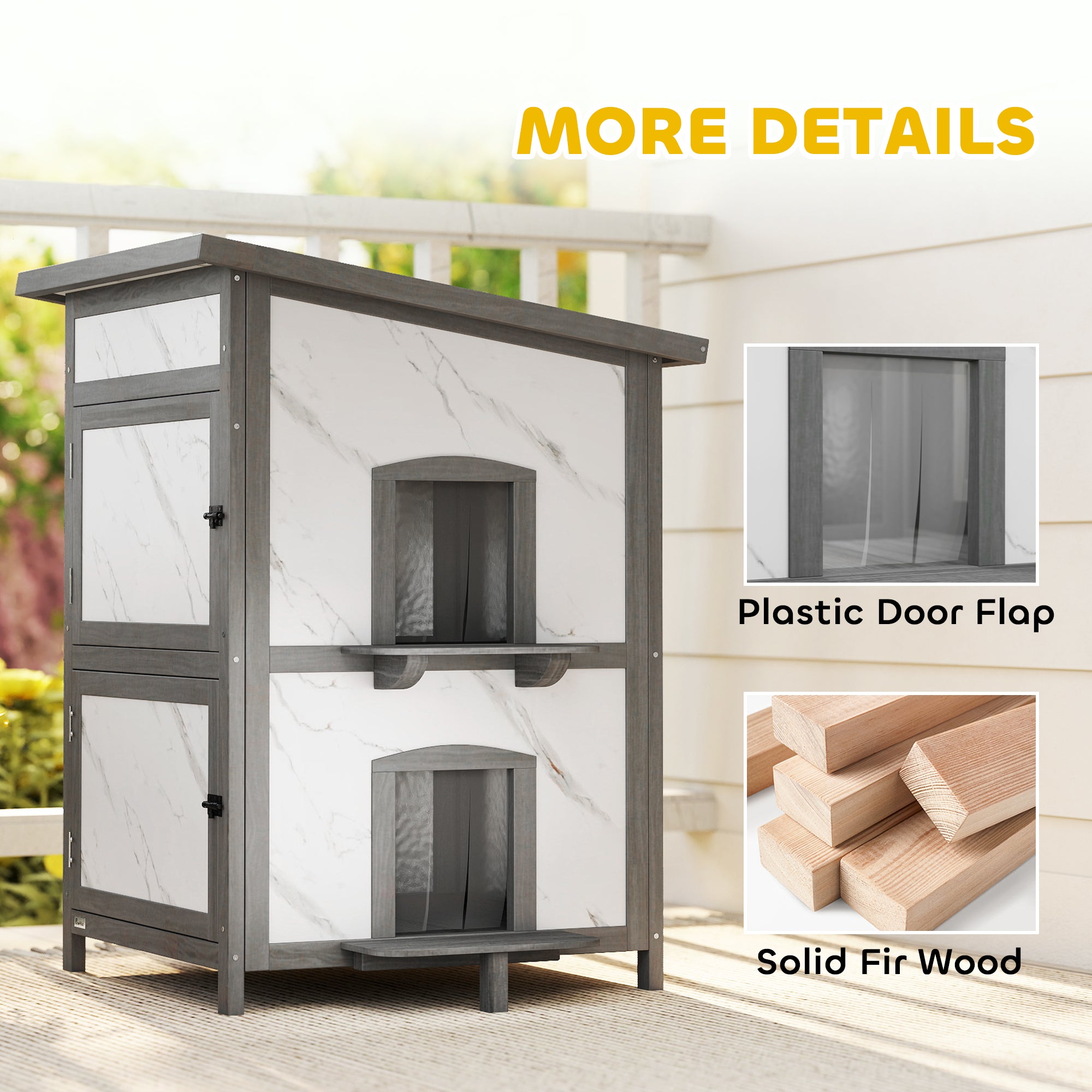 2-Story Insulated Outdoor Wooden Cat House with Window, Multiple Doors, Water-Resistant Roof, Cat Den Box for Outdoors — 24 x 24 x 34.6 in (60 x 60 x 88 cm), White