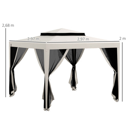 Garden Gazebo 3x3 m Detachable Outdoor Canopy with 4 Side Mosquito Net Curtains Double Roof and Anti-UV Waterproof Metal Frame Pavilion for Terrace Patio Cream