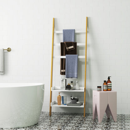 5-Tier Towel Rack Ladder Clothes Rack with 2 Shelves Space Saving for Bathroom, Bedroom, Living Room, White