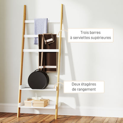 5-Tier Towel Rack Ladder Clothes Rack with 2 Shelves Space Saving for Bathroom, Bedroom, Living Room, White