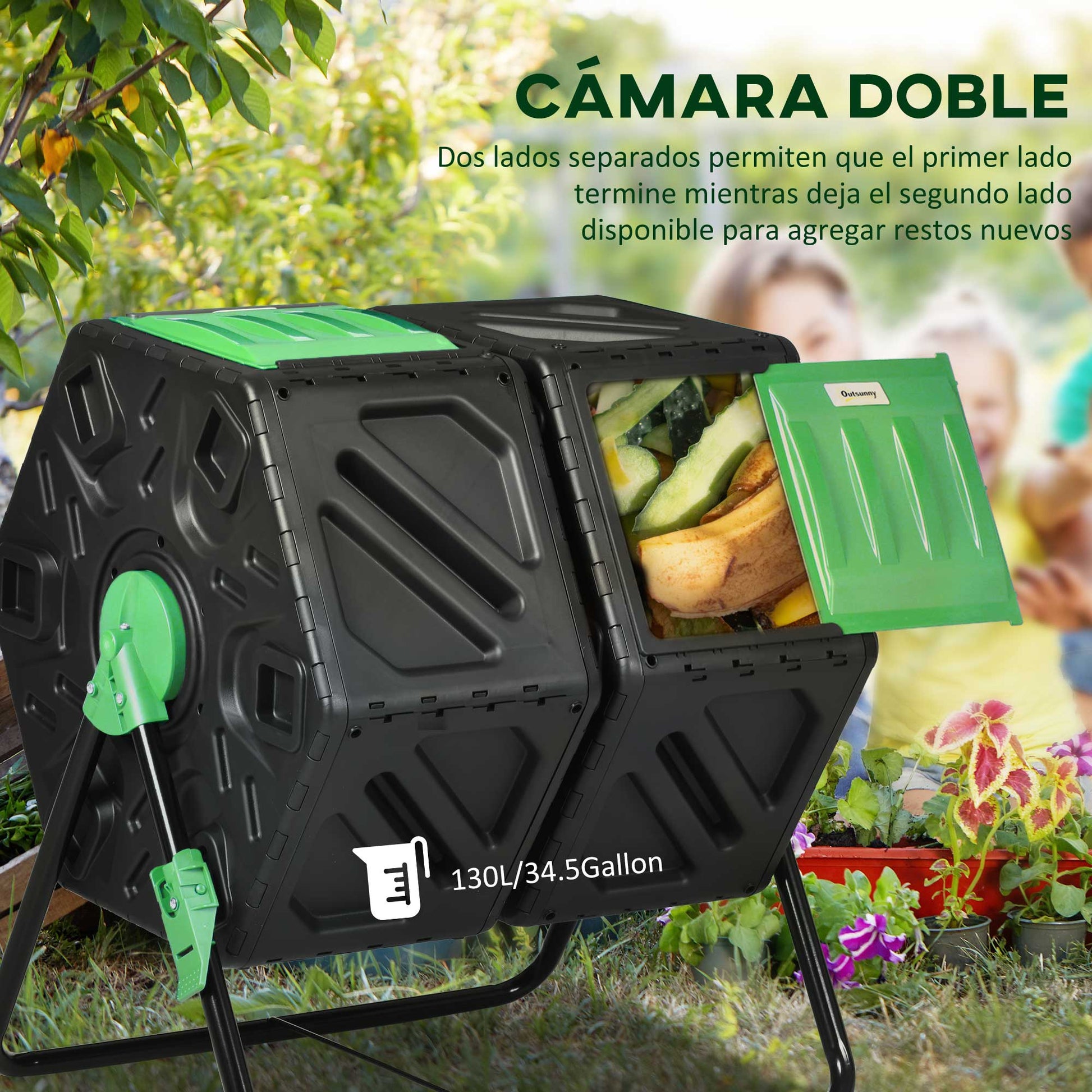 130L Dual Chamber Rotating Composter Garden Compost Bin with Ventilation Openings and Steel Legs 67x60x77 cm Black
