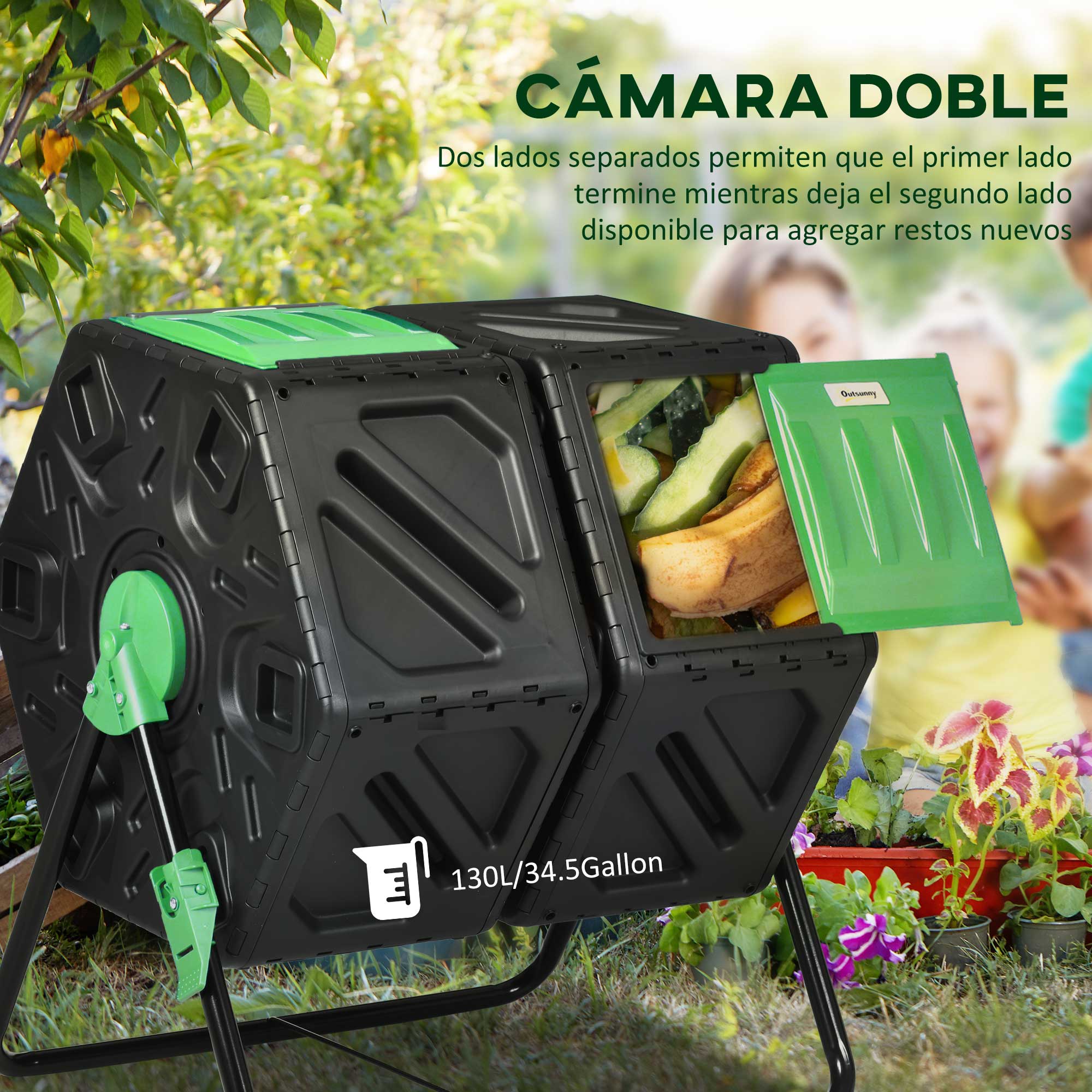 130L Dual Chamber Rotating Composter Garden Compost Bin with Ventilation Openings and Steel Legs 67x60x77 cm Black