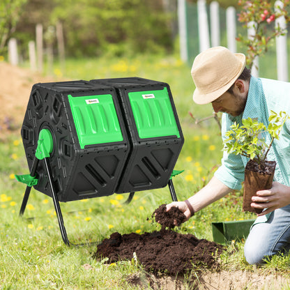 130L Dual Chamber Rotating Composter Garden Compost Bin with Ventilation Openings and Steel Legs 67x60x77 cm Black
