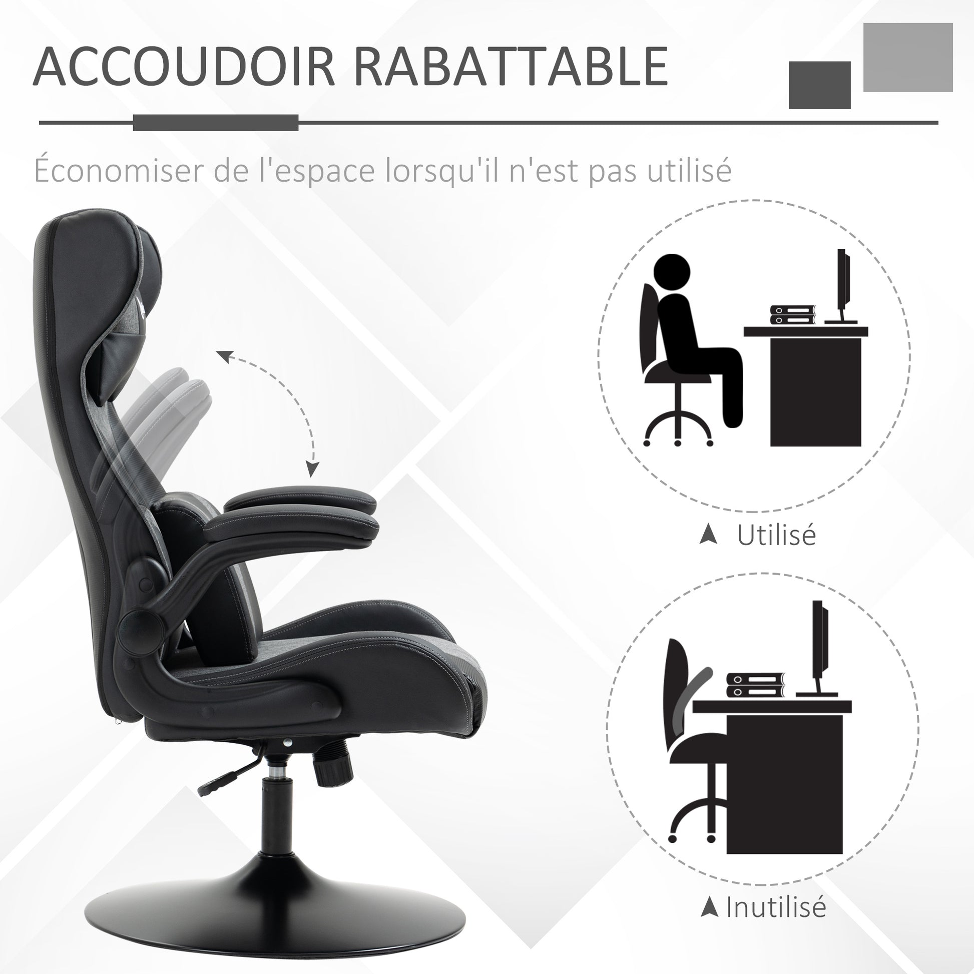 Ergonomic Gaming Chair with Adjustable Height Round Base Flip-up Armrest Headrest and Lumbar Cushions PU Grey Black