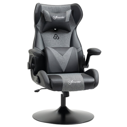 Ergonomic Gaming Chair with Adjustable Height Round Base Flip-up Armrest Headrest and Lumbar Cushions PU Grey Black