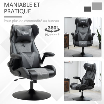 Ergonomic Gaming Chair with Adjustable Height Round Base Flip-up Armrest Headrest and Lumbar Cushions PU Grey Black