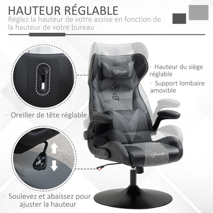 Ergonomic Gaming Chair with Adjustable Height Round Base Flip-up Armrest Headrest and Lumbar Cushions PU Grey Black