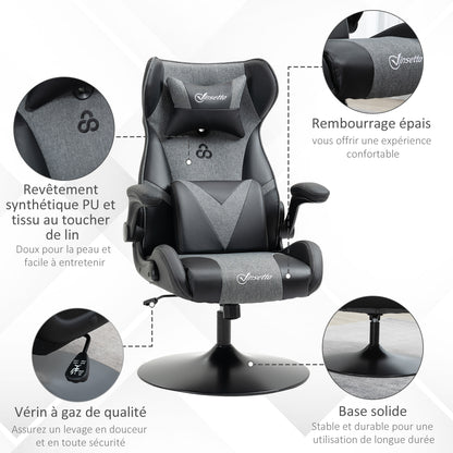 Ergonomic Gaming Chair with Adjustable Height Round Base Flip-up Armrest Headrest and Lumbar Cushions PU Grey Black