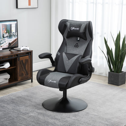 Ergonomic Gaming Chair with Adjustable Height Round Base Flip-up Armrest Headrest and Lumbar Cushions PU Grey Black