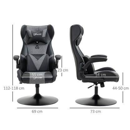 Ergonomic Gaming Chair with Adjustable Height Round Base Flip-up Armrest Headrest and Lumbar Cushions PU Grey Black