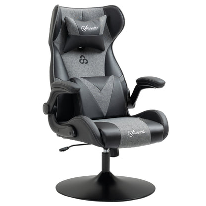 Ergonomic Gaming Chair with Adjustable Height Round Base Flip-up Armrest Headrest and Lumbar Cushions PU Grey Black