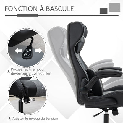 Ergonomic Gaming Chair with Adjustable Height Round Base Flip-up Armrest Headrest and Lumbar Cushions PU Grey Black