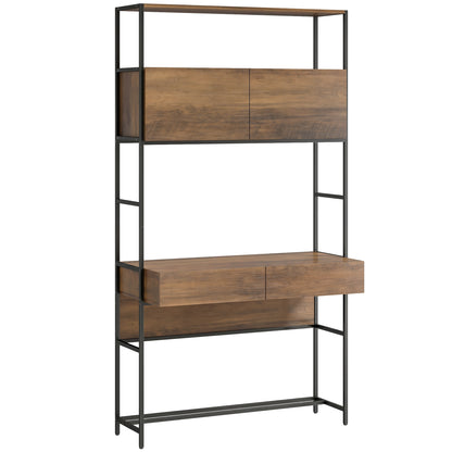 Computer Desk with 2 Drawers, 39.4 in W x 17.7 in D x 72.8 in H — Storage Cabinets & Open Shelves, Modern Small-Space Home Office Desk, Brown Wood