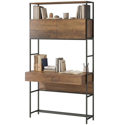 Computer Desk with 2 Drawers, 39.4 in W x 17.7 in D x 72.8 in H — Storage Cabinets & Open Shelves, Modern Small-Space Home Office Desk, Brown Wood