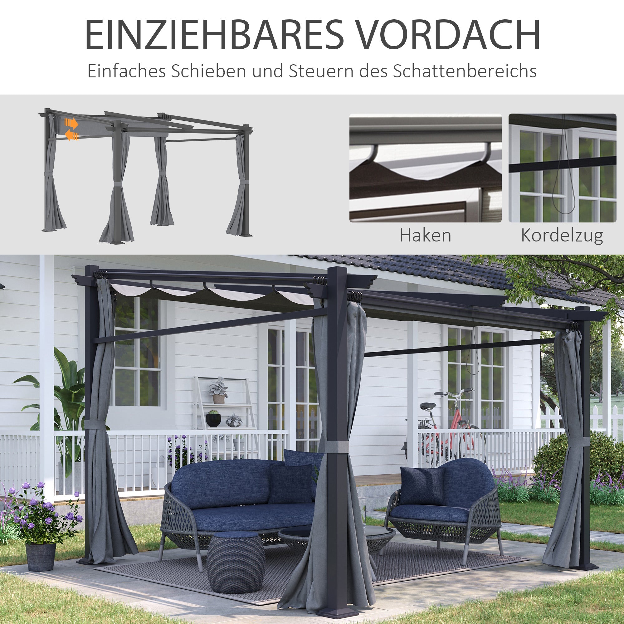 Terrace Roof Pergola approx. 3x3m Terrace Cover Garden Pavilion Aluminum, Wall Mounting, Garden Pergola with Adjustable Roof, UV Protection, Sun Protection for Terrace and Garden, Dark Gray