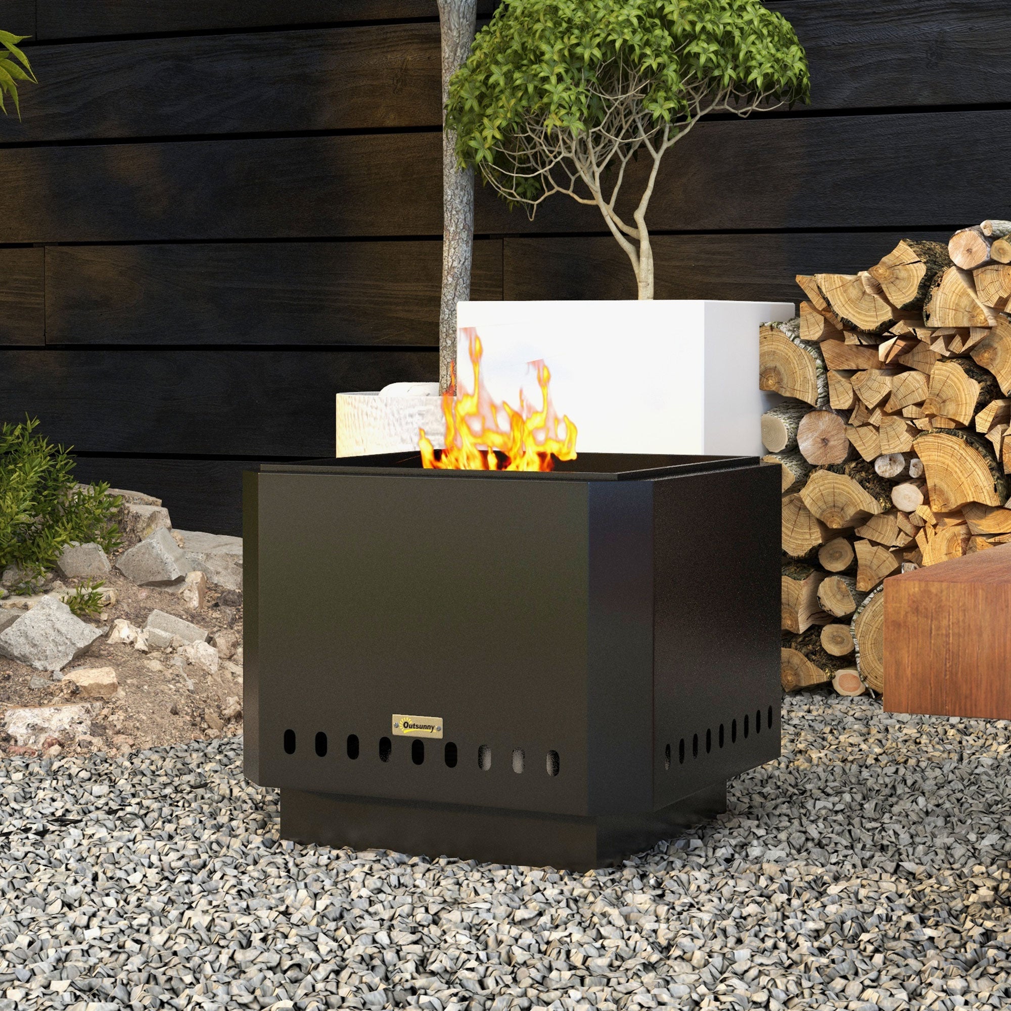 Fire Pit, Square Fire Bowl, Smokeless Fire Basket with Poker, Table Fire for Garden, Camping, Patio, Metal, Black