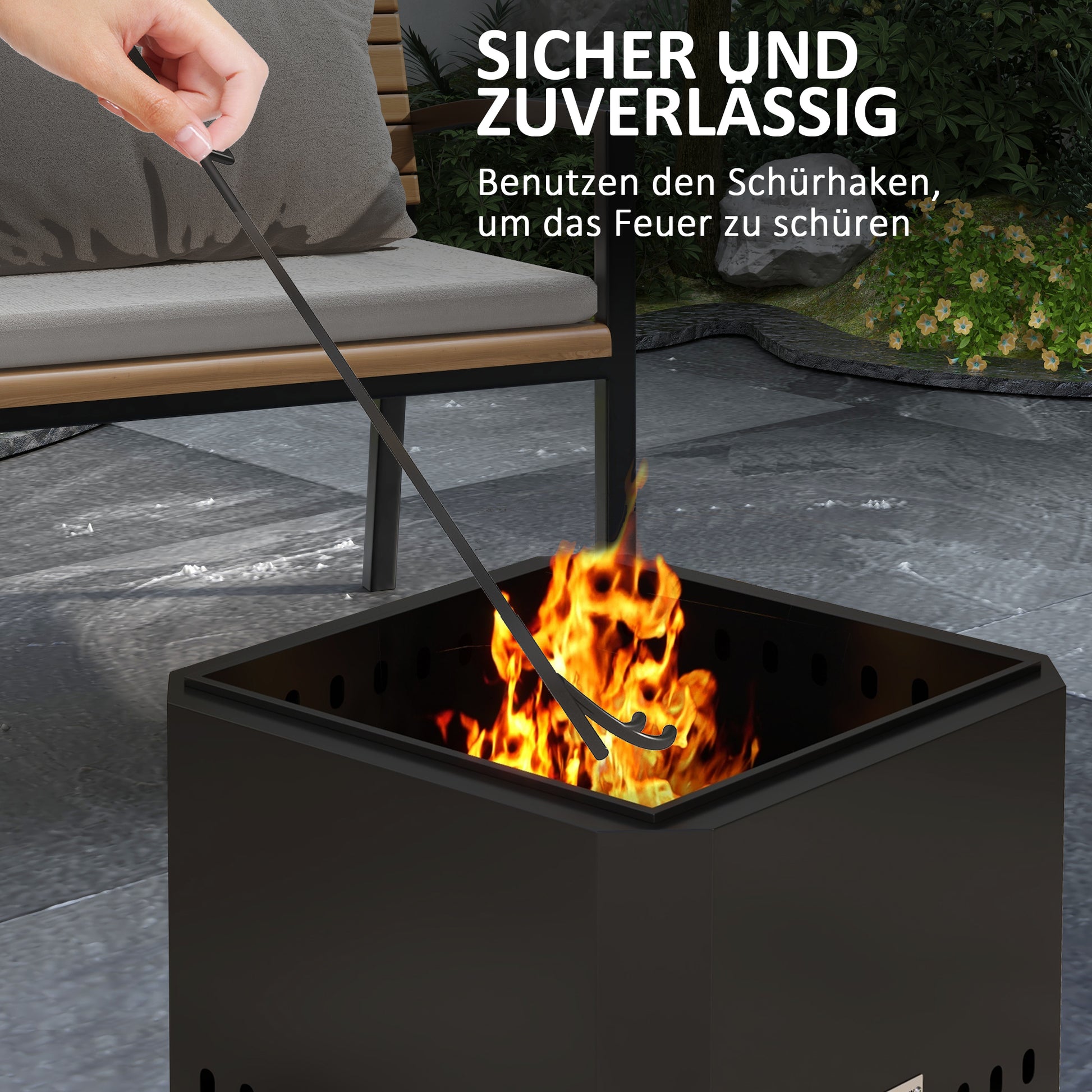 Fire Pit, Square Fire Bowl, Smokeless Fire Basket with Poker, Table Fire for Garden, Camping, Patio, Metal, Black