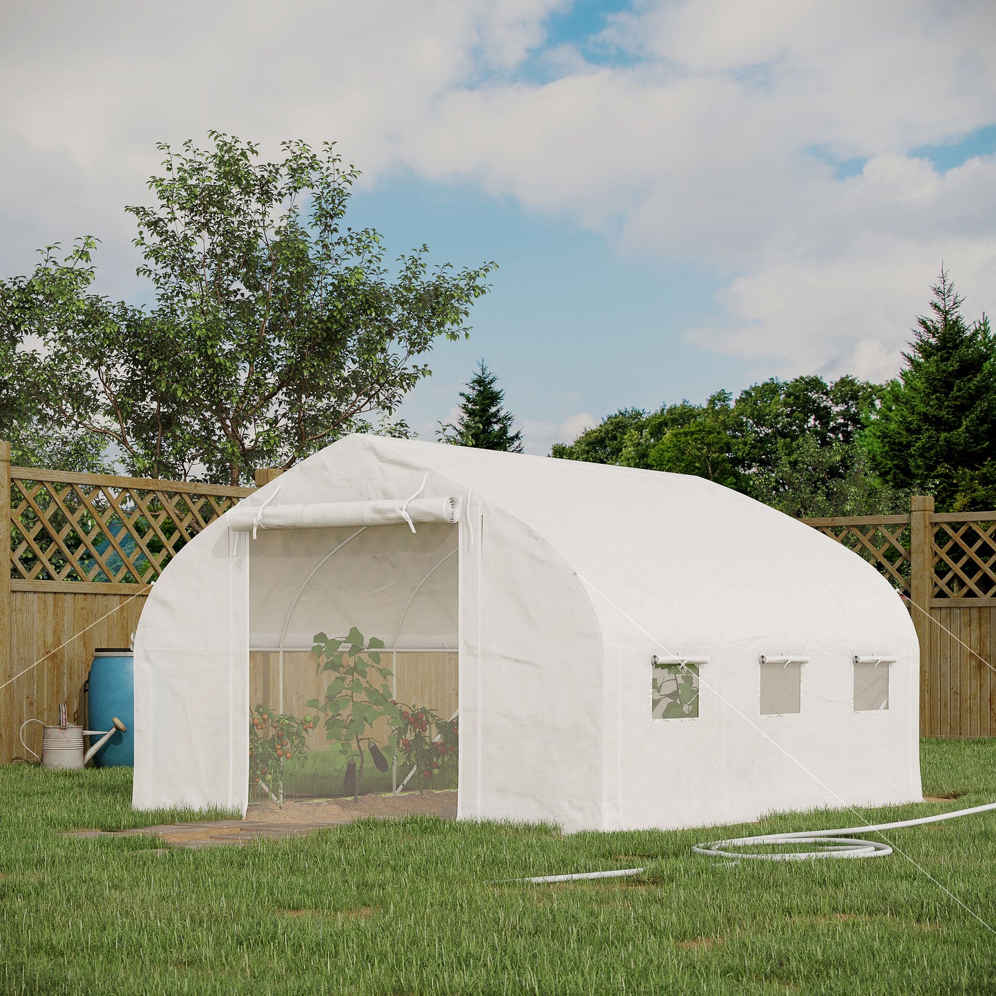 Garden Tunnel Greenhouse, 10.4m², UV-resistant Garden Greenhouse, Roll-up Zipped Door, Mesh Windows, Galvanized Steel Tube and PE 140g/m², 350 x 300 x 200 cm, White