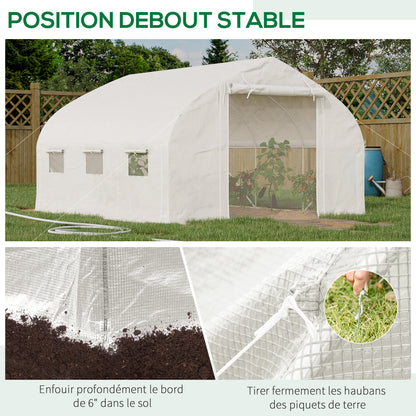 Garden Tunnel Greenhouse, 10.4m², UV-resistant Garden Greenhouse, Roll-up Zipped Door, Mesh Windows, Galvanized Steel Tube and PE 140g/m², 350 x 300 x 200 cm, White