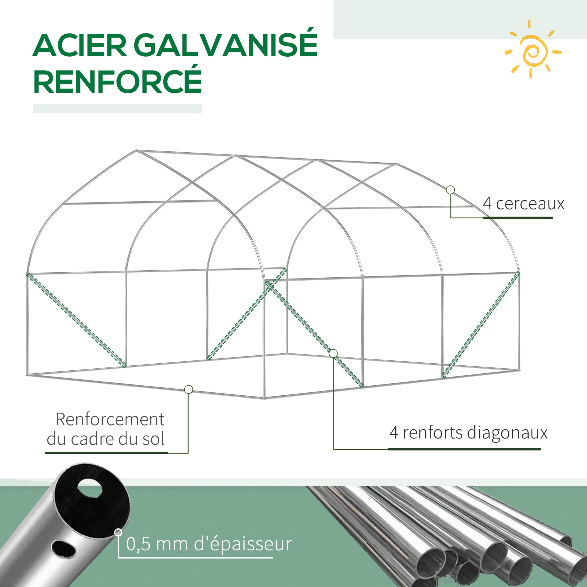 Garden Tunnel Greenhouse, 10.4m², UV-resistant Garden Greenhouse, Roll-up Zipped Door, Mesh Windows, Galvanized Steel Tube and PE 140g/m², 350 x 300 x 200 cm, White