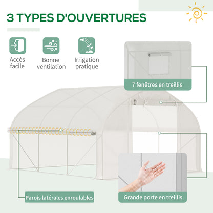 Garden Tunnel Greenhouse, 10.4m², UV-resistant Garden Greenhouse, Roll-up Zipped Door, Mesh Windows, Galvanized Steel Tube and PE 140g/m², 350 x 300 x 200 cm, White