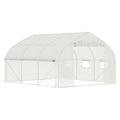 Garden Tunnel Greenhouse, 10.4m², UV-resistant Garden Greenhouse, Roll-up Zipped Door, Mesh Windows, Galvanized Steel Tube and PE 140g/m², 350 x 300 x 200 cm, White