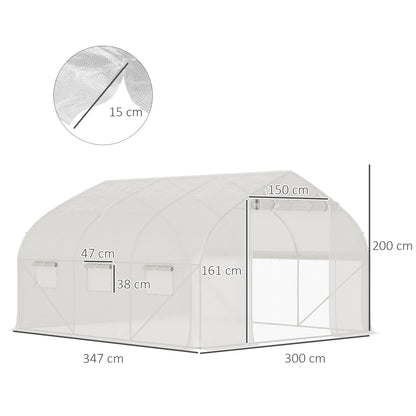 Garden Tunnel Greenhouse, 10.4m², UV-resistant Garden Greenhouse, Roll-up Zipped Door, Mesh Windows, Galvanized Steel Tube and PE 140g/m², 350 x 300 x 200 cm, White