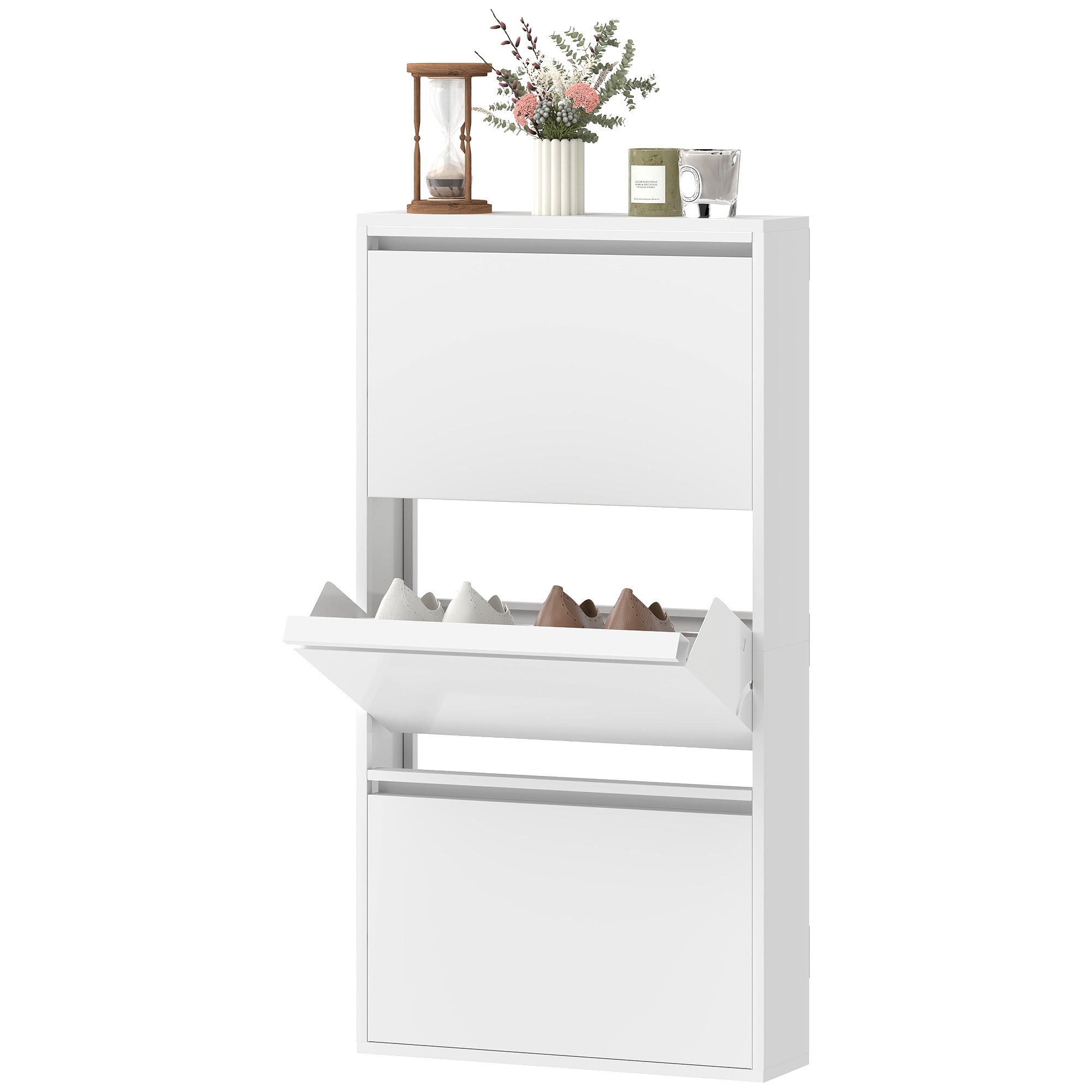 Metal Shoe Cabinet with 3 Flip Drawers — Slim Wall-Mounted Shoe Rack for 6 Pairs, 55 x 15 x 105.5 cm (21.7" x 5.9" x 41.5"), White