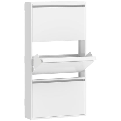 Metal Shoe Cabinet with 3 Flip Drawers — Slim Wall-Mounted Shoe Rack for 6 Pairs, 55 x 15 x 105.5 cm (21.7" x 5.9" x 41.5"), White