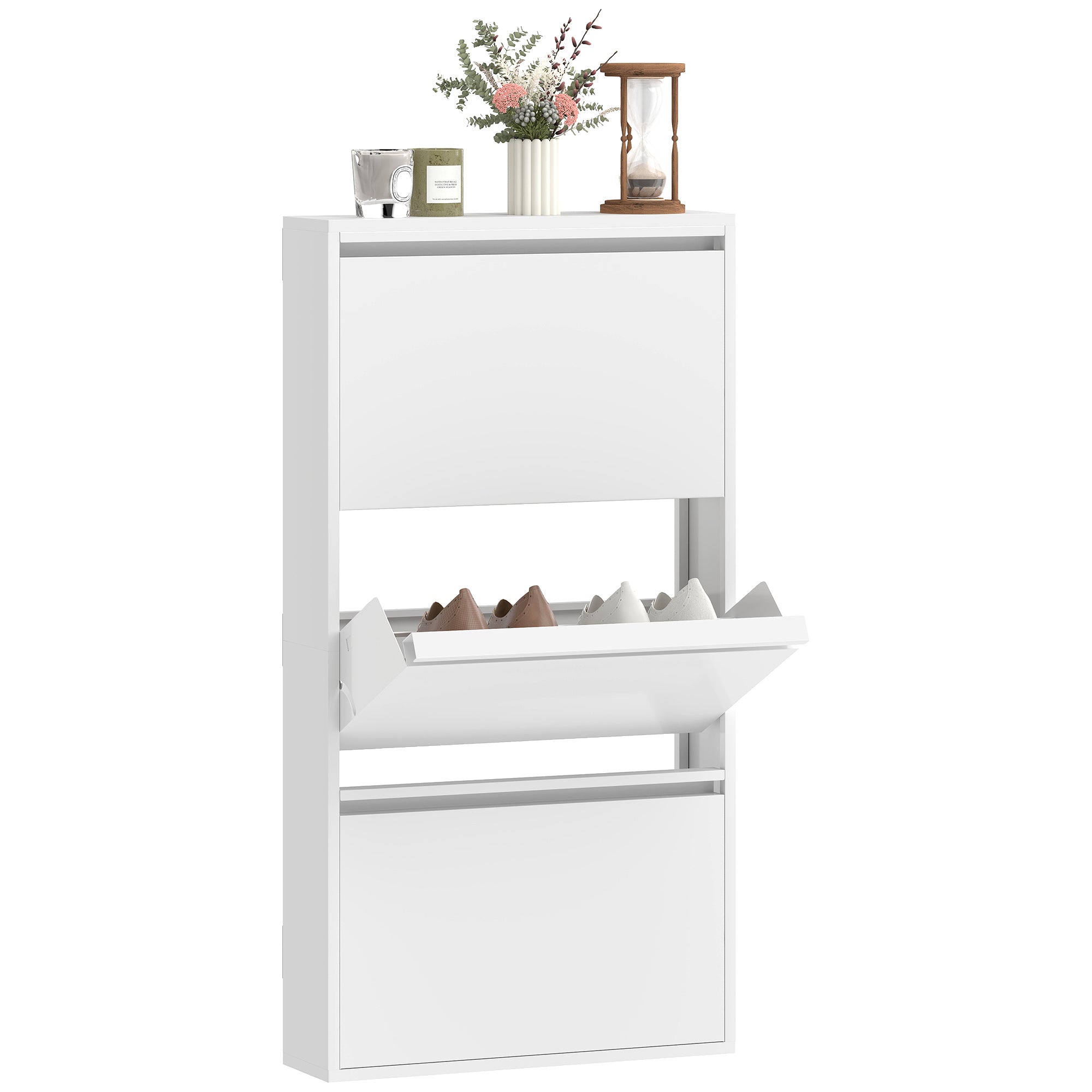 Metal Shoe Cabinet with 3 Flip Drawers — Slim Wall-Mounted Shoe Rack for 6 Pairs, 55 x 15 x 105.5 cm (21.7" x 5.9" x 41.5"), White