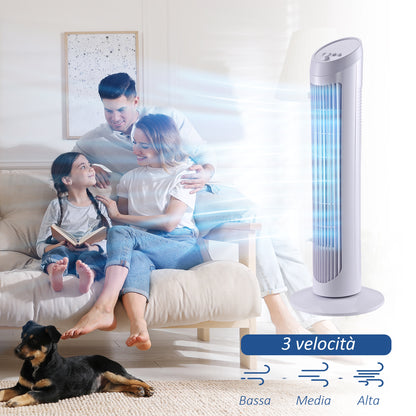 45W Oscillating Tower Fan with 3 Speeds, ABS Plastic Column Fan, 27x27x75 cm, White