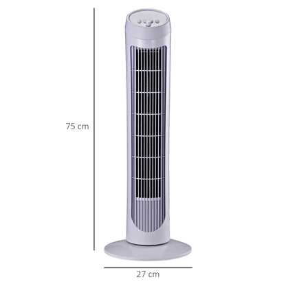 45W Oscillating Tower Fan with 3 Speeds, ABS Plastic Column Fan, 27x27x75 cm, White