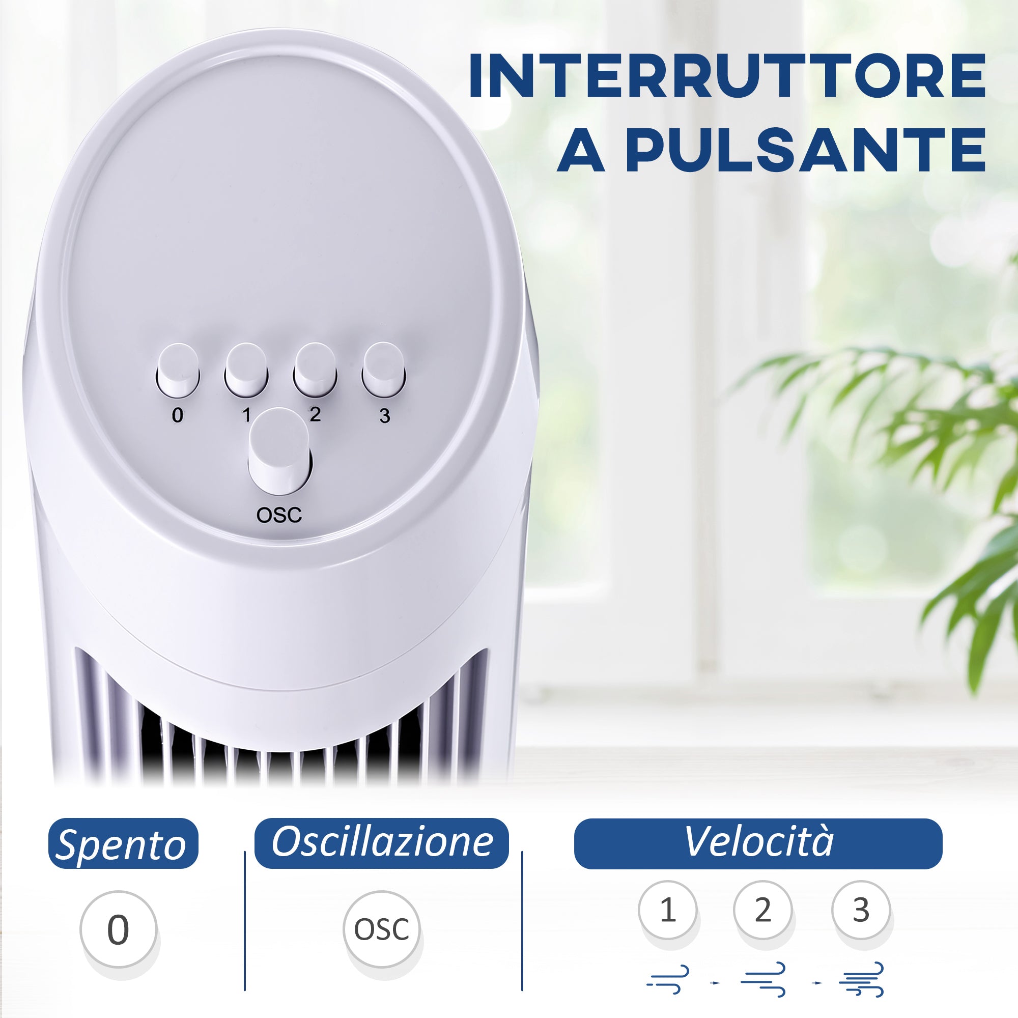 45W Oscillating Tower Fan with 3 Speeds, ABS Plastic Column Fan, 27x27x75 cm, White