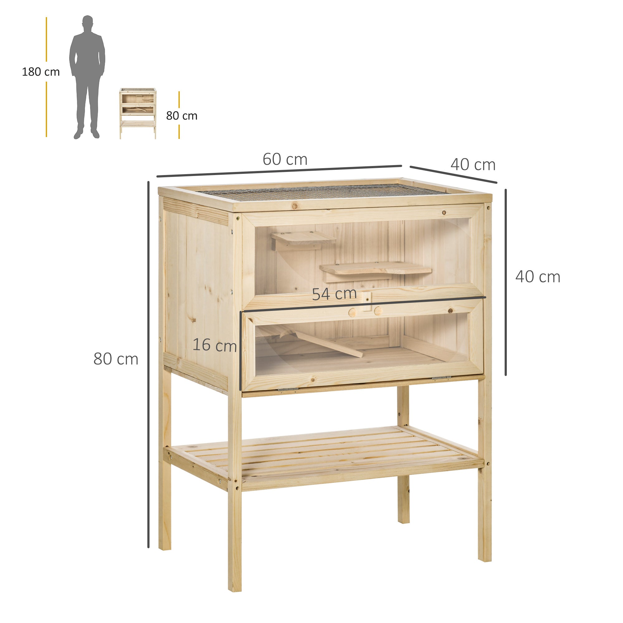 Wooden Hamster Cage Mice Playhouse with 5 Platforms Ramp Flip Roof Break-Resistant Plastic Glass Window and Bottom Shelf 60x40x80 cm Natural