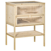 Wooden Hamster Cage Mice Playhouse with 5 Platforms Ramp Flip Roof Break-Resistant Plastic Glass Window and Bottom Shelf 60x40x80 cm Natural