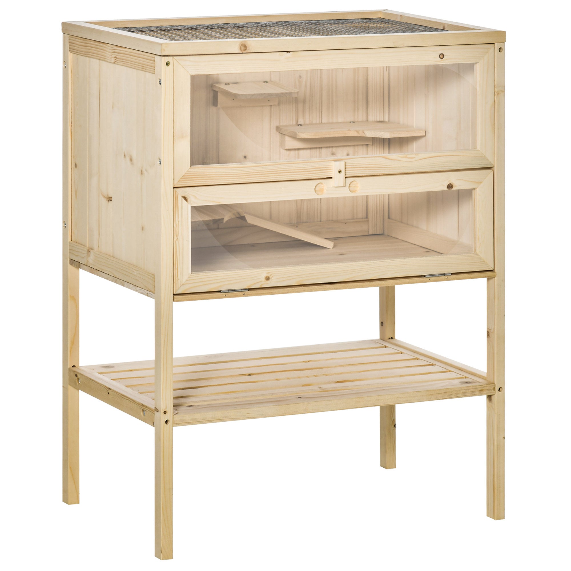 Wooden Hamster Cage Mice Playhouse with 5 Platforms Ramp Flip Roof Break-Resistant Plastic Glass Window and Bottom Shelf 60x40x80 cm Natural