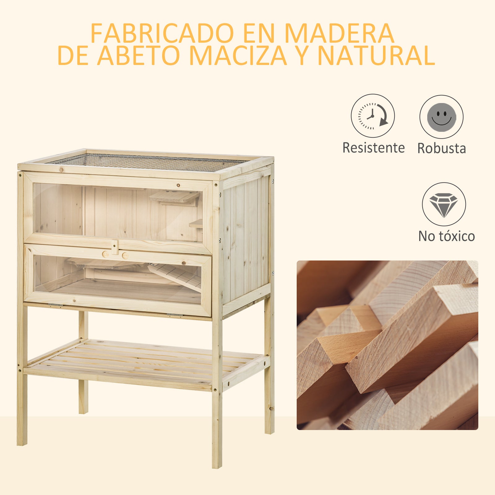 Wooden Hamster Cage Mice Playhouse with 5 Platforms Ramp Flip Roof Break-Resistant Plastic Glass Window and Bottom Shelf 60x40x80 cm Natural