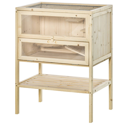 Wooden Hamster Cage Mice Playhouse with 5 Platforms Ramp Flip Roof Break-Resistant Plastic Glass Window and Bottom Shelf 60x40x80 cm Natural