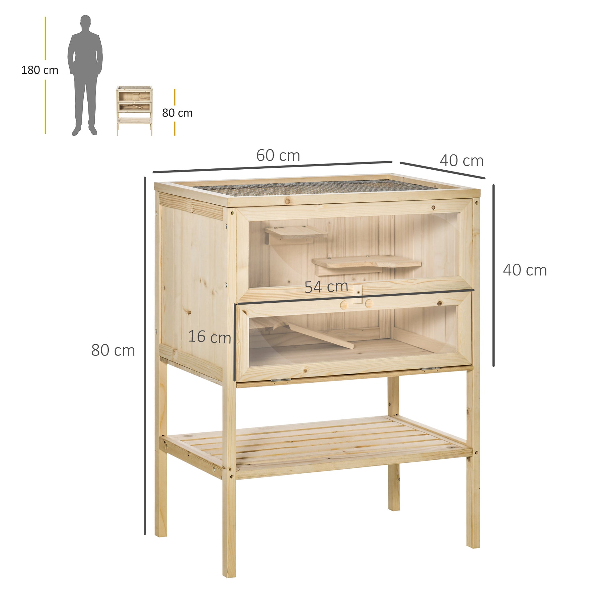 Wooden Hamster Cage Mice Playhouse with 5 Platforms Ramp Flip Roof Break-Resistant Plastic Glass Window and Bottom Shelf 60x40x80 cm Natural