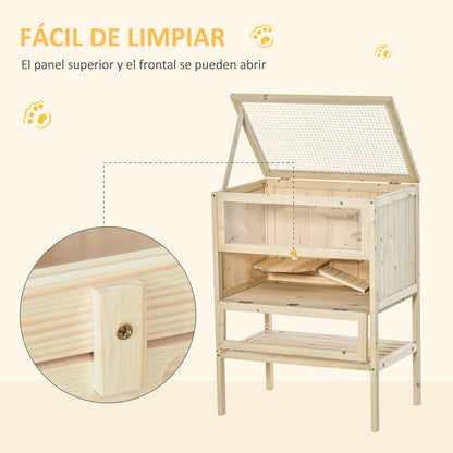Wooden Hamster Cage Mice Playhouse with 5 Platforms Ramp Flip Roof Break-Resistant Plastic Glass Window and Bottom Shelf 60x40x80 cm Natural