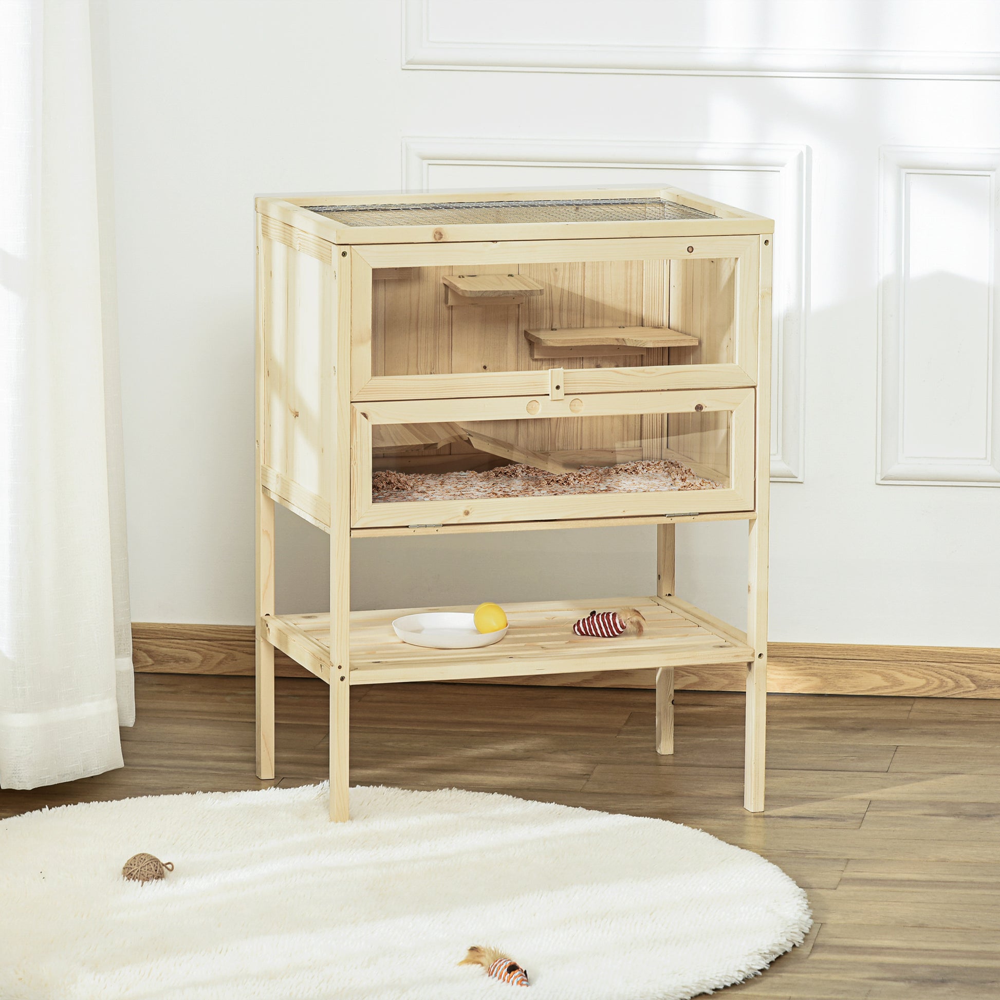 Wooden Hamster Cage Mice Playhouse with 5 Platforms Ramp Flip Roof Break-Resistant Plastic Glass Window and Bottom Shelf 60x40x80 cm Natural